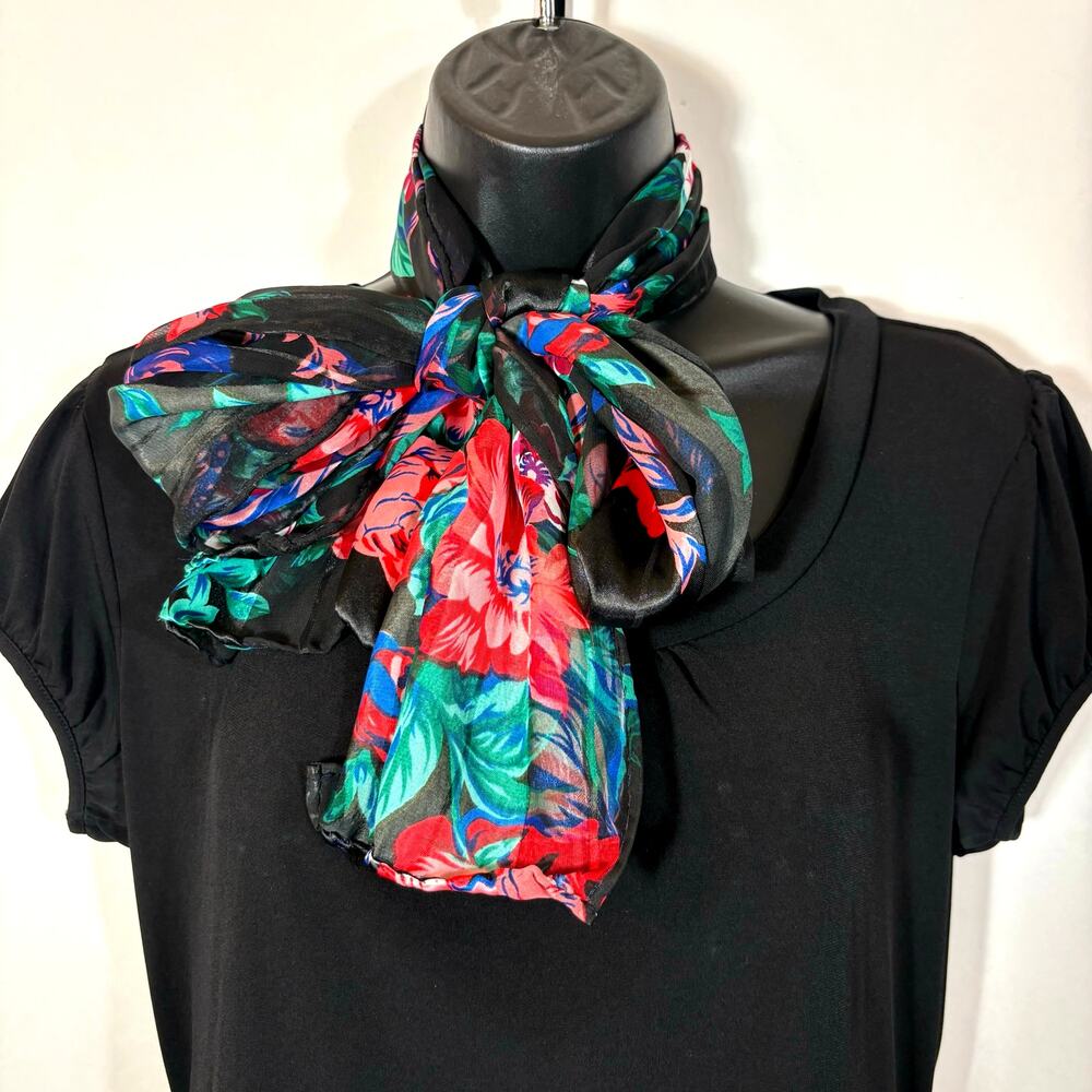 Black and Bright Floral Scarf Rectangle Striped Bow Retro Vintage 58" Long